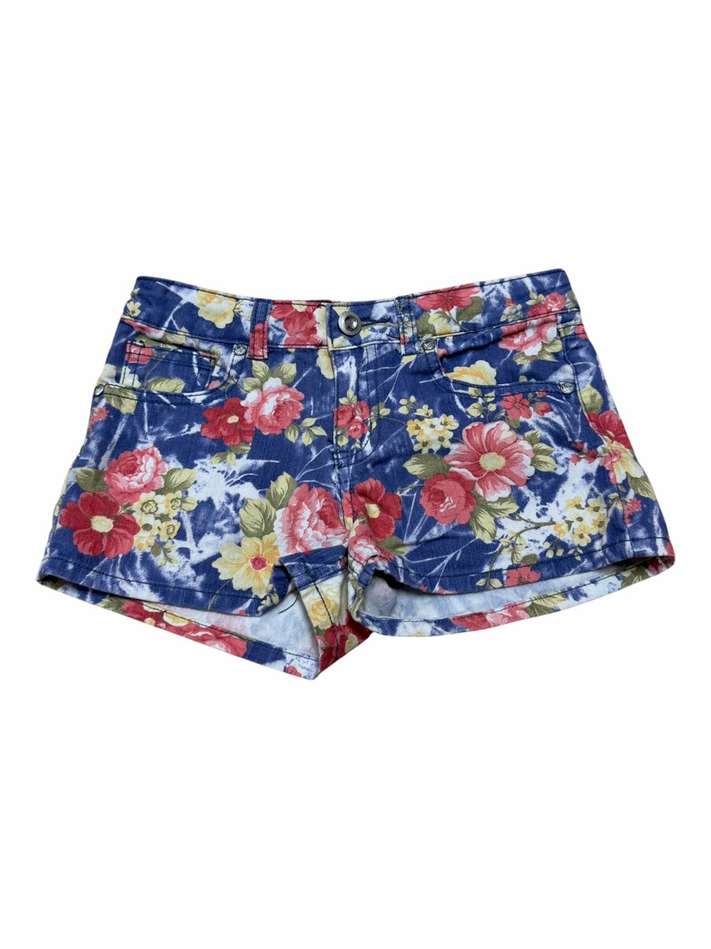 Karma Blue Girls Size 10 Blue Floral Print Stretch Denim Shorts Summer Cute
